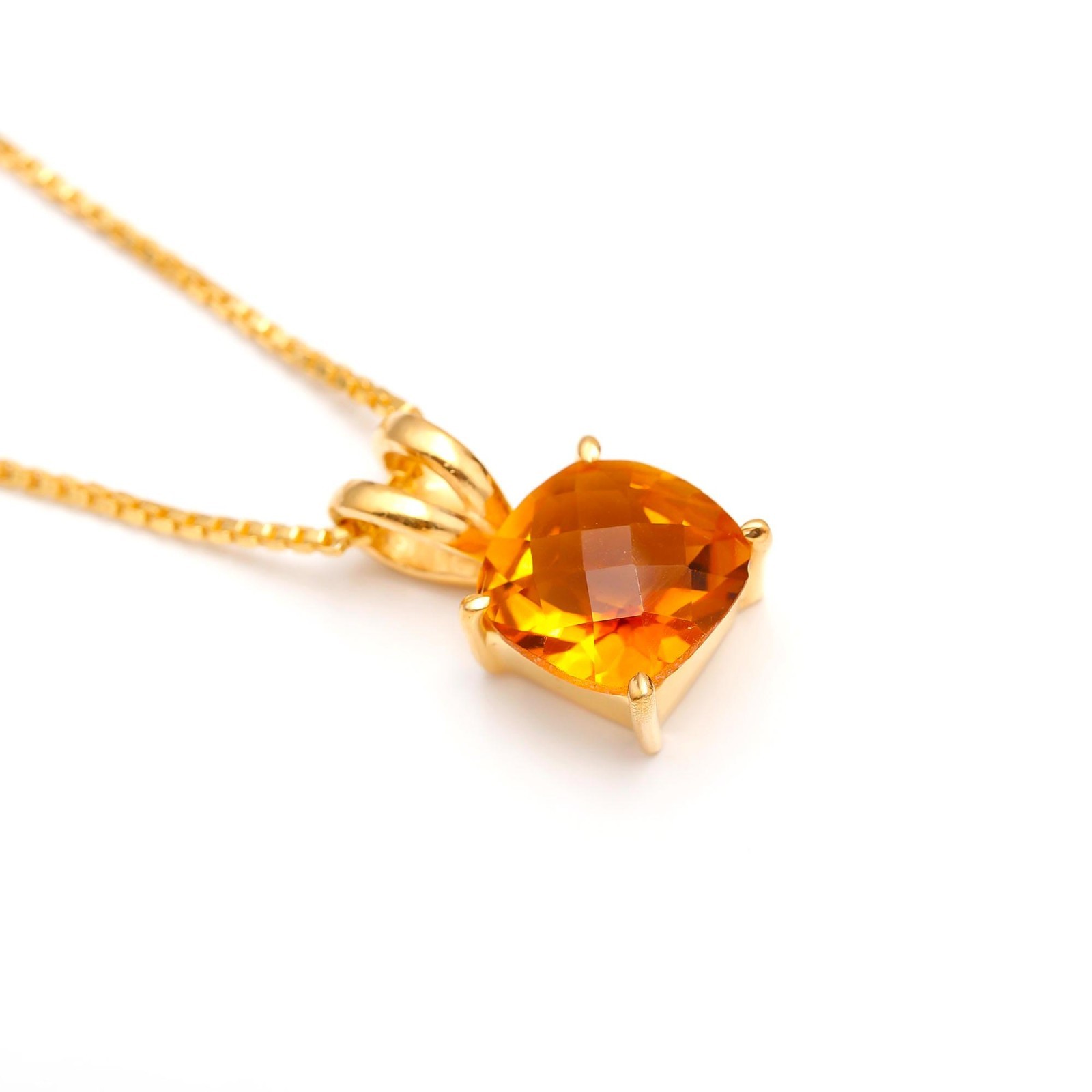 Natural Citrine Quartz Cushion Necklace Gold Fill 925 Sterling Silver Jewelry