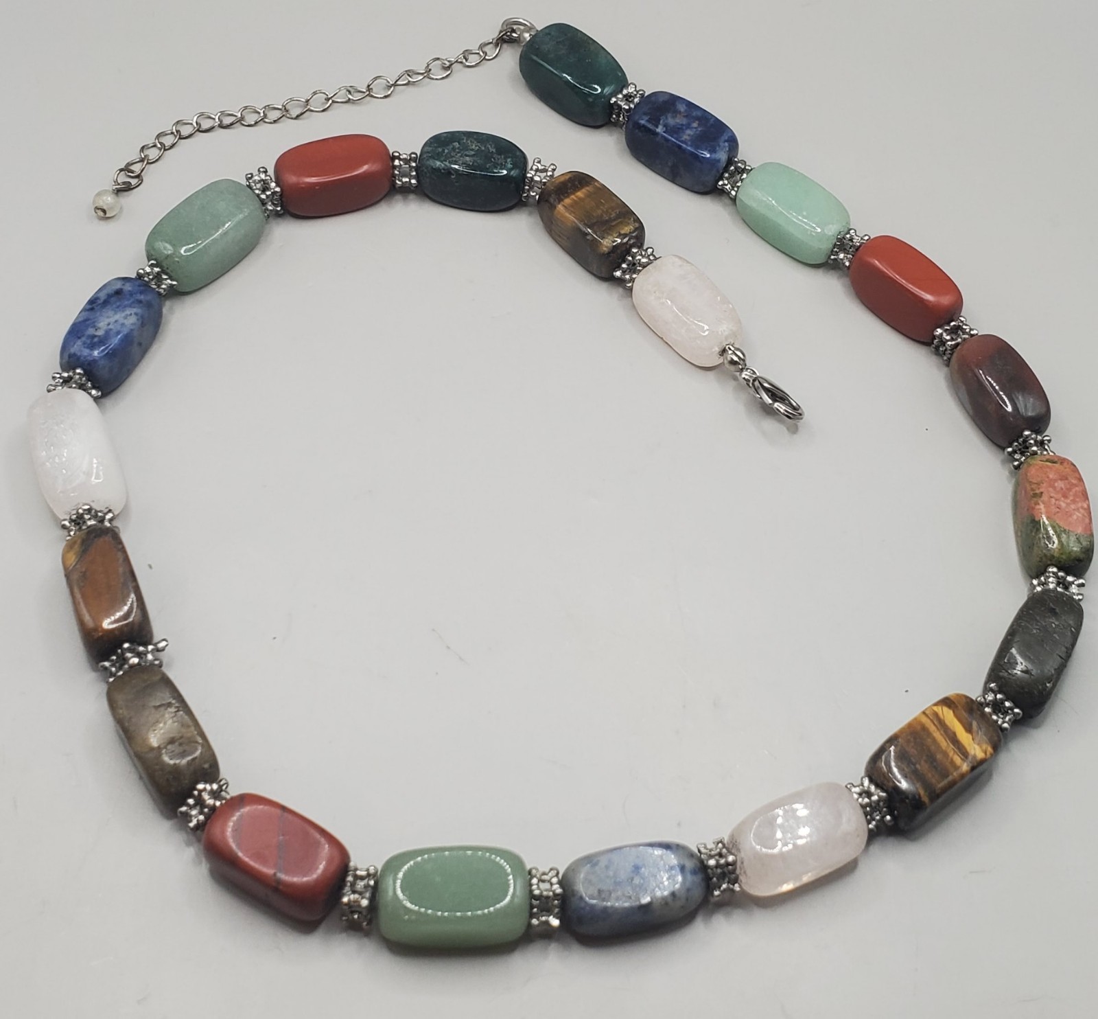 Multi Polished Natural Gemstone Necklace Green & Orange Jade, Tigers Eye, Quartz