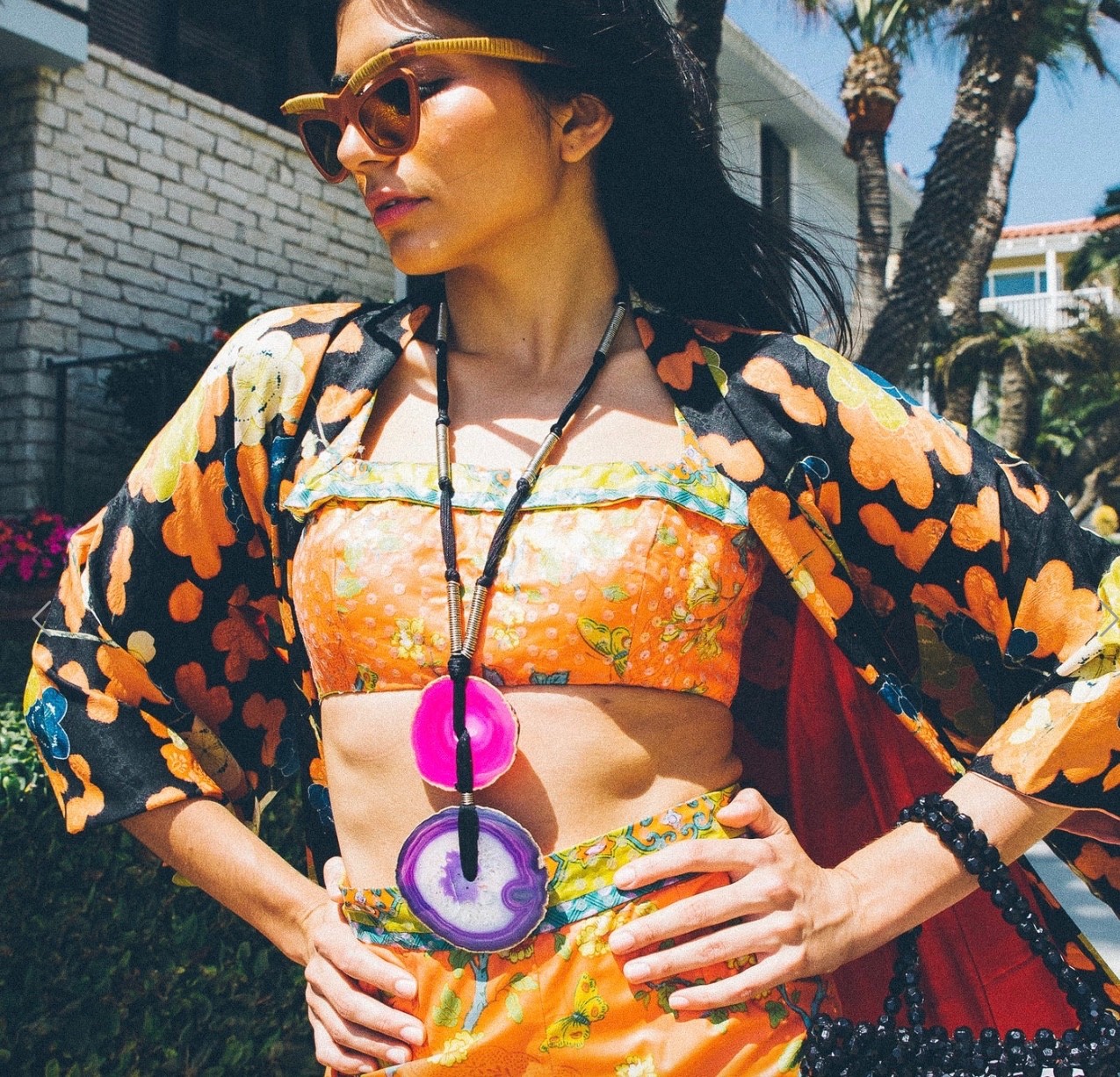 Vintage 2010 YVES SAINT LAURENT Pink Purple Agate Disc Pendant Necklace