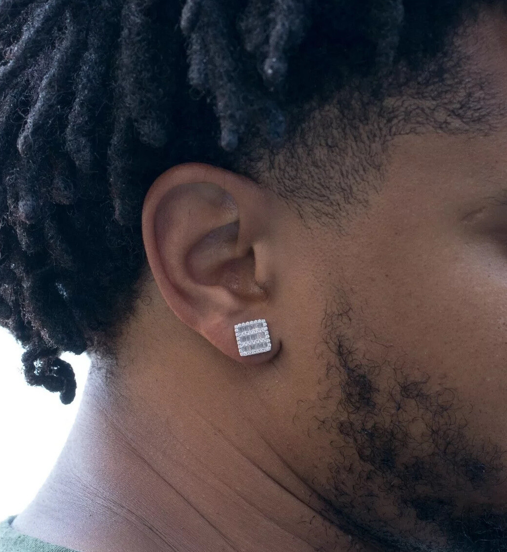 Iced Cz Baguette Mens Sterling Silver Square Stud Screw Back Hip Hop Earrings