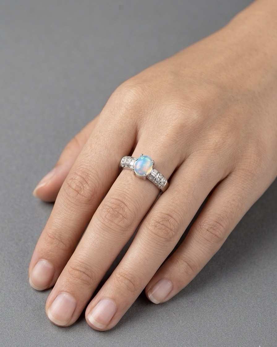 Natural White Opal Sterling Silver Ring, Full Fire Color, Rhodium Plated