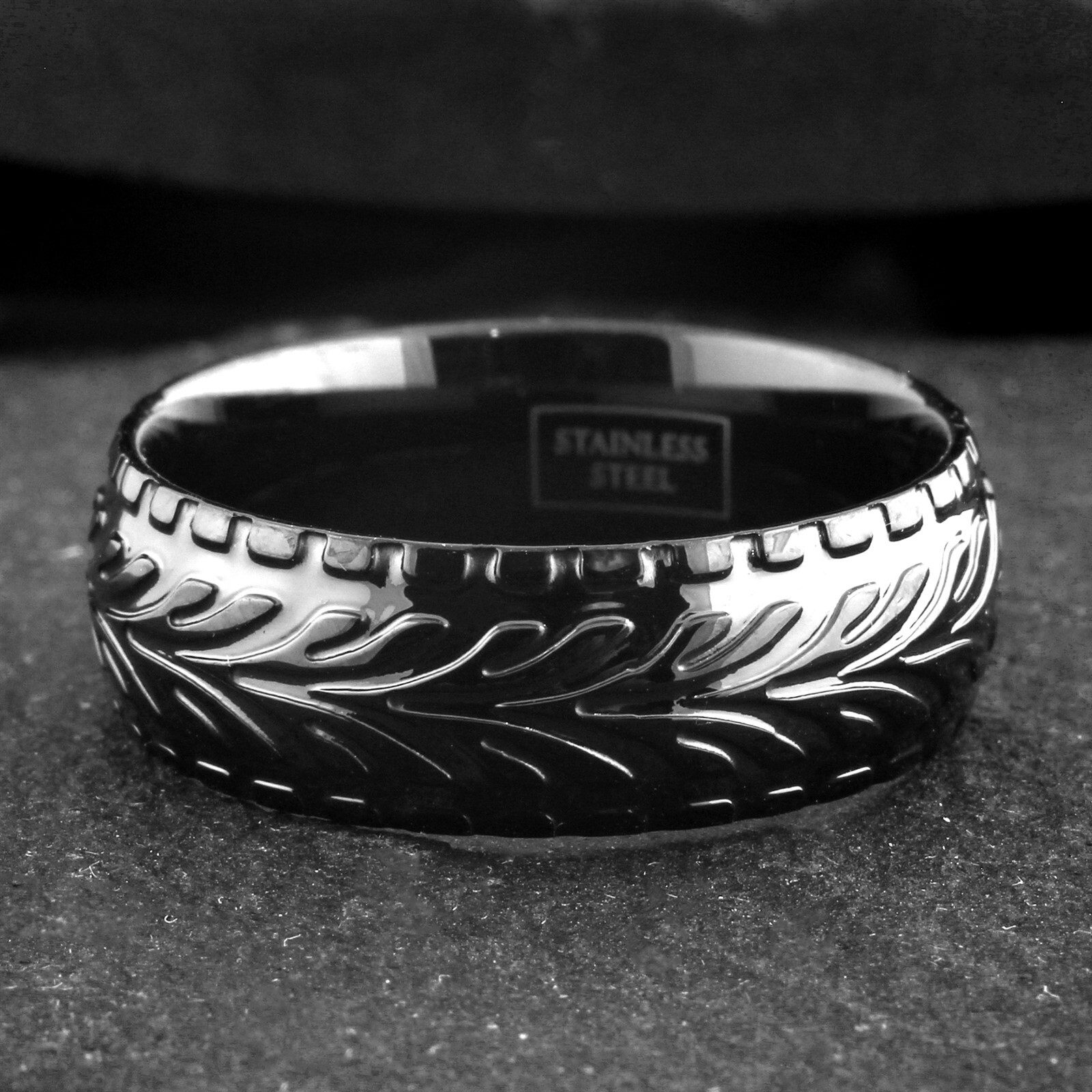 Black Stainless Steel Men’s Tire Track Tread Wedding Band Ring Size 8 -15