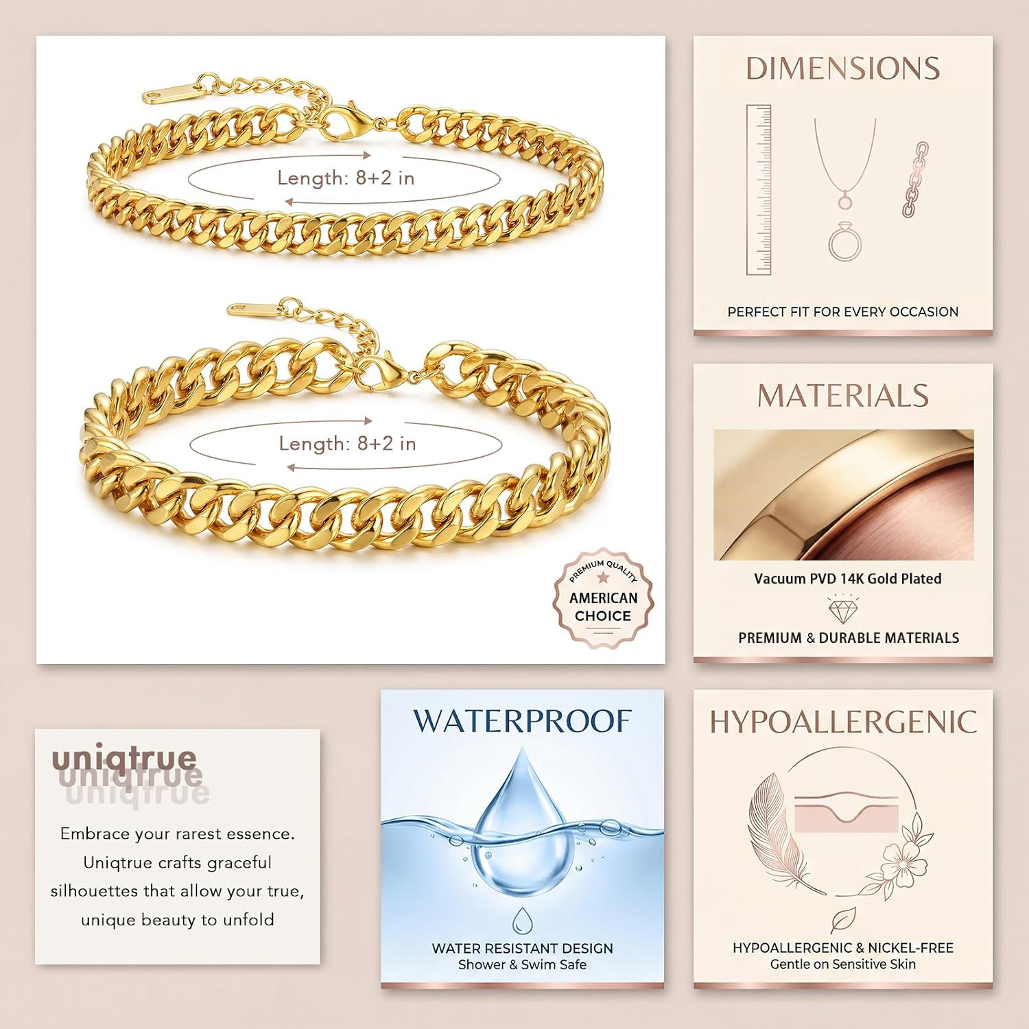 Layered Ankle Bracelets for Women Waterproof, 14K Gold/Silver Plated Cuban Chain