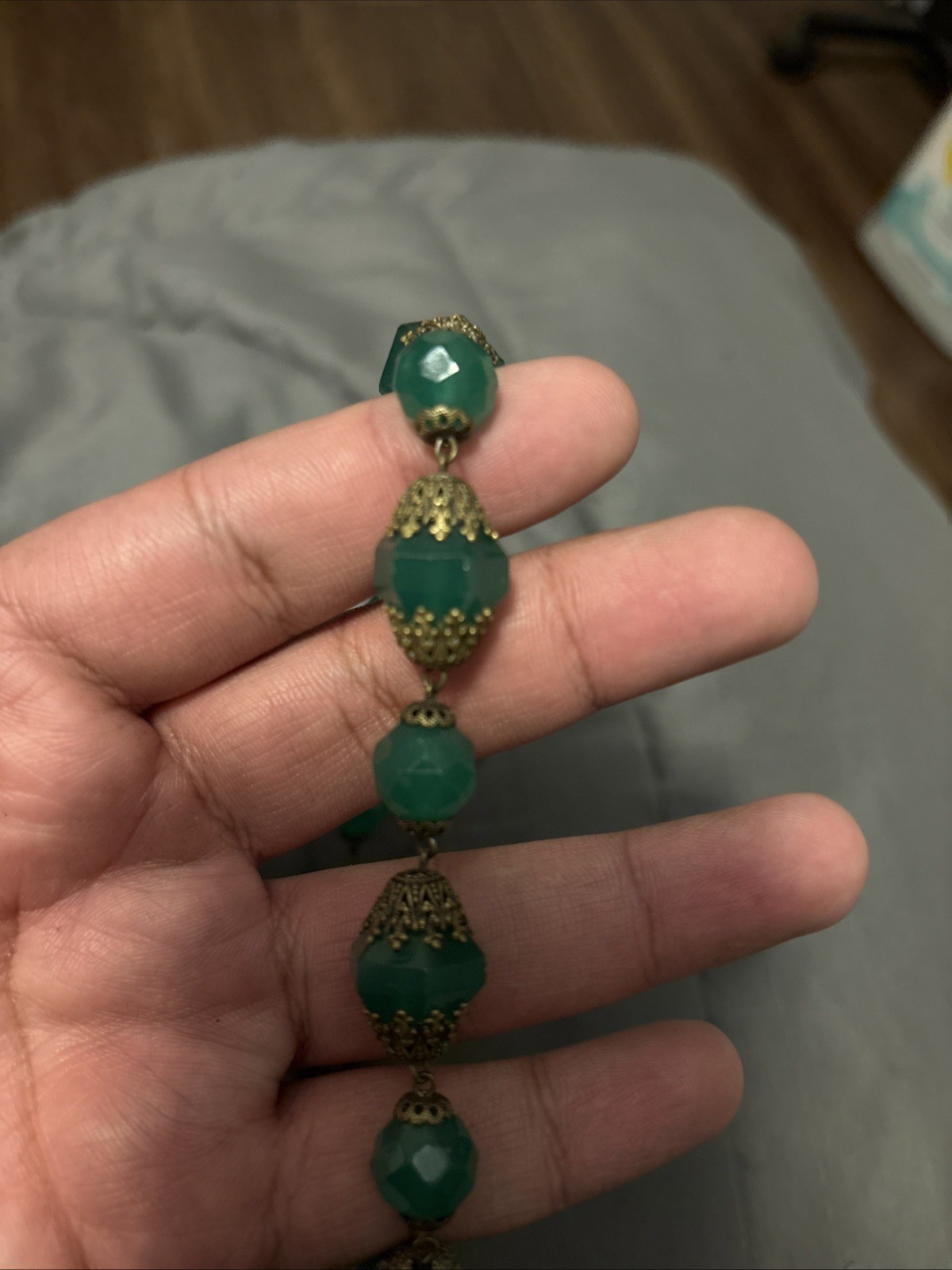 Emerald green antique glass choker filigree metal spacers