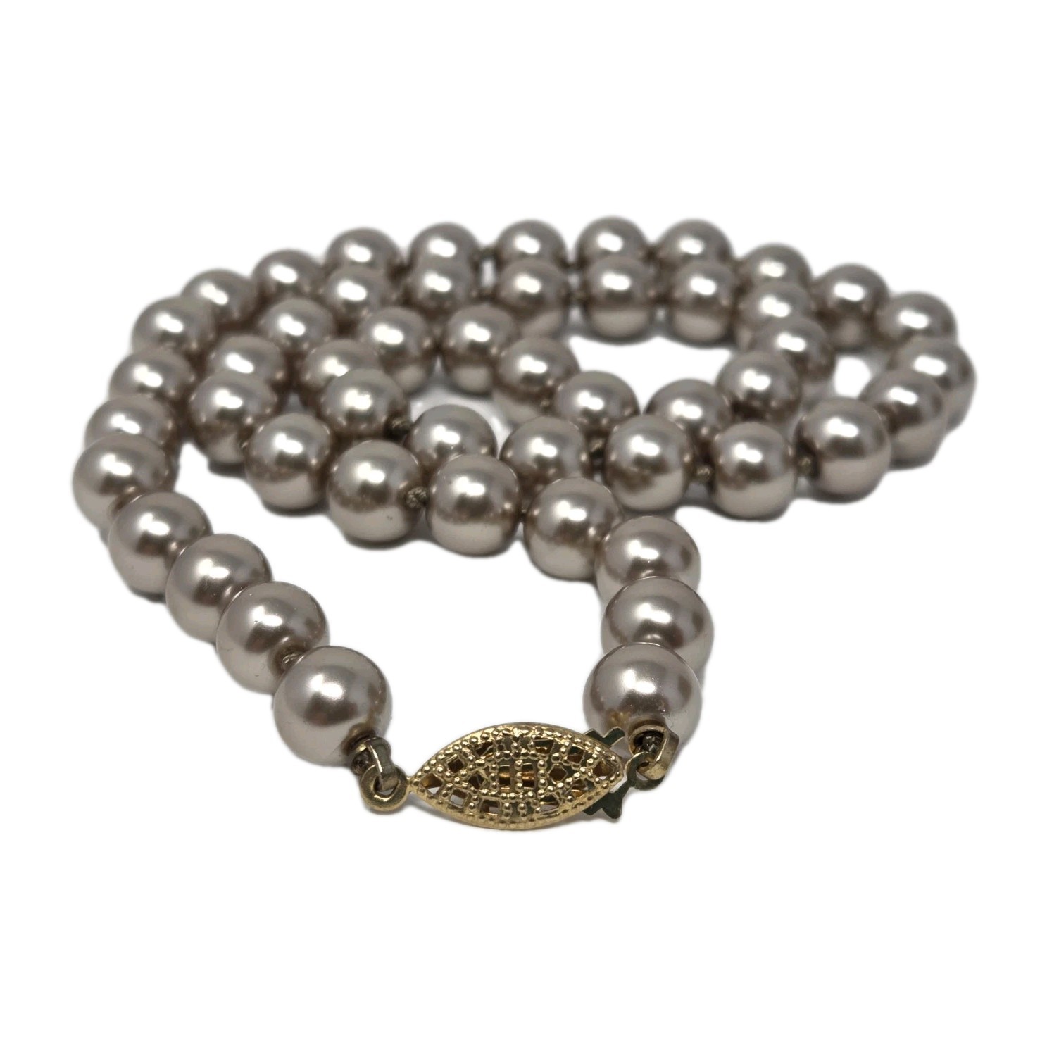 Taupe Faux Pearl Necklace 17 Inches Knotted 8mm Beads Vintage Sheen Unsigned