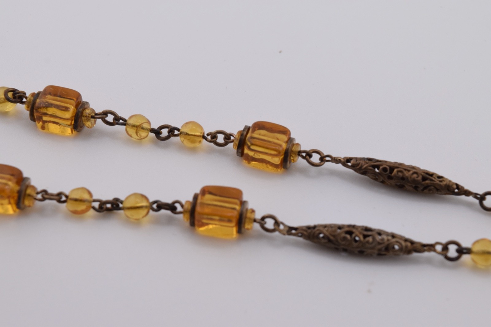 Antique Czech Necklace / Choker with Amber Colored Glass and White Enamel Accent