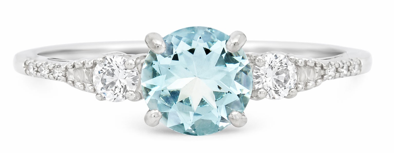 GENUINE 1.05 Cts AQUAMARINE /WHITE SAPPHIRE & DIAMOND RING SOLID 10K WHITE GOLD
