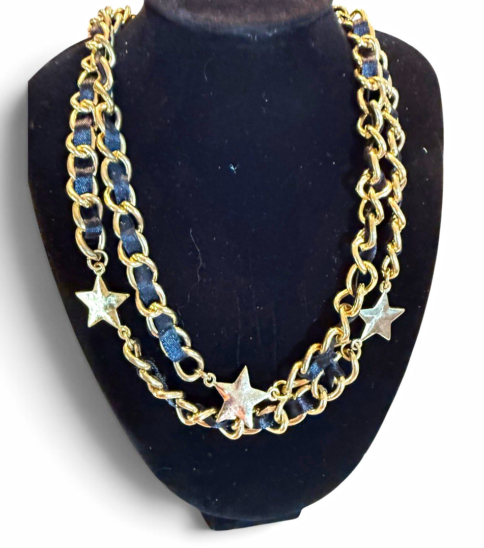Betsy Johnson Gold Tone Double Curb Link Chain Statement Necklace, Star Charms