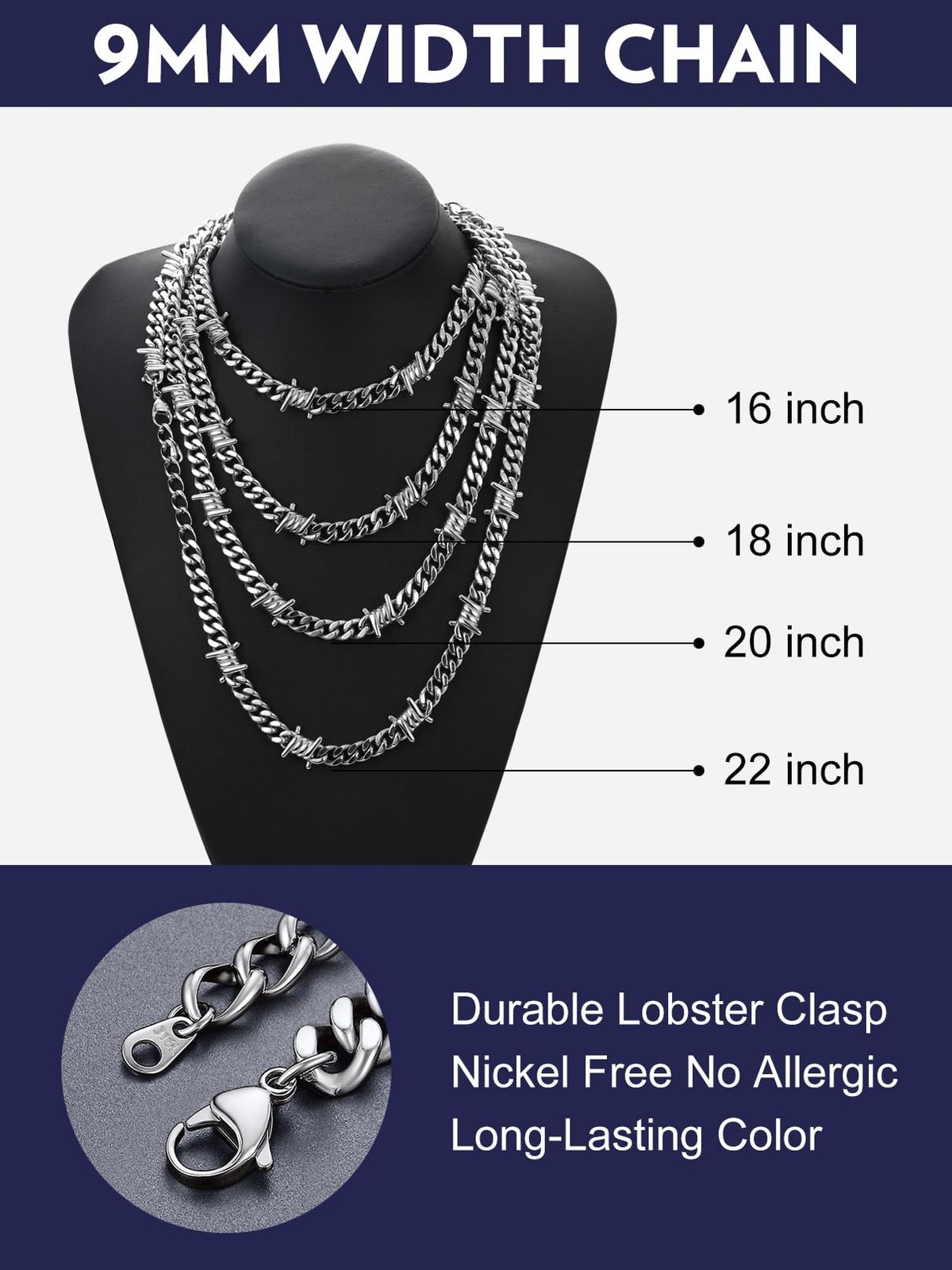 Bandmax Barbed Wire Cuban Chain Necklace for Women Men 9MM Stainless Steel