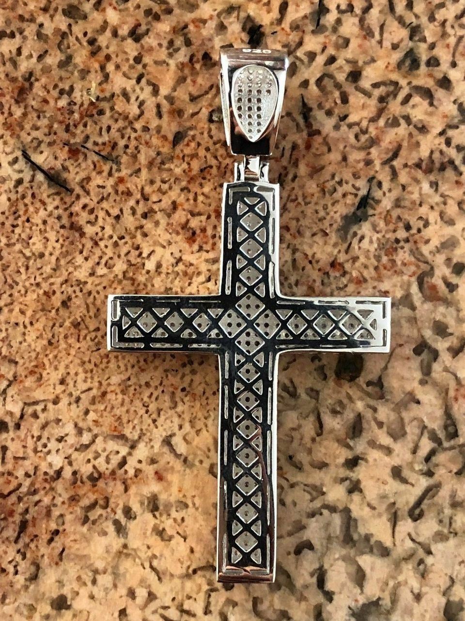 Mens Solid 925 Silver Cross Pendant Real ICED 3ct CZ 14k Gold Plated Rope Chain