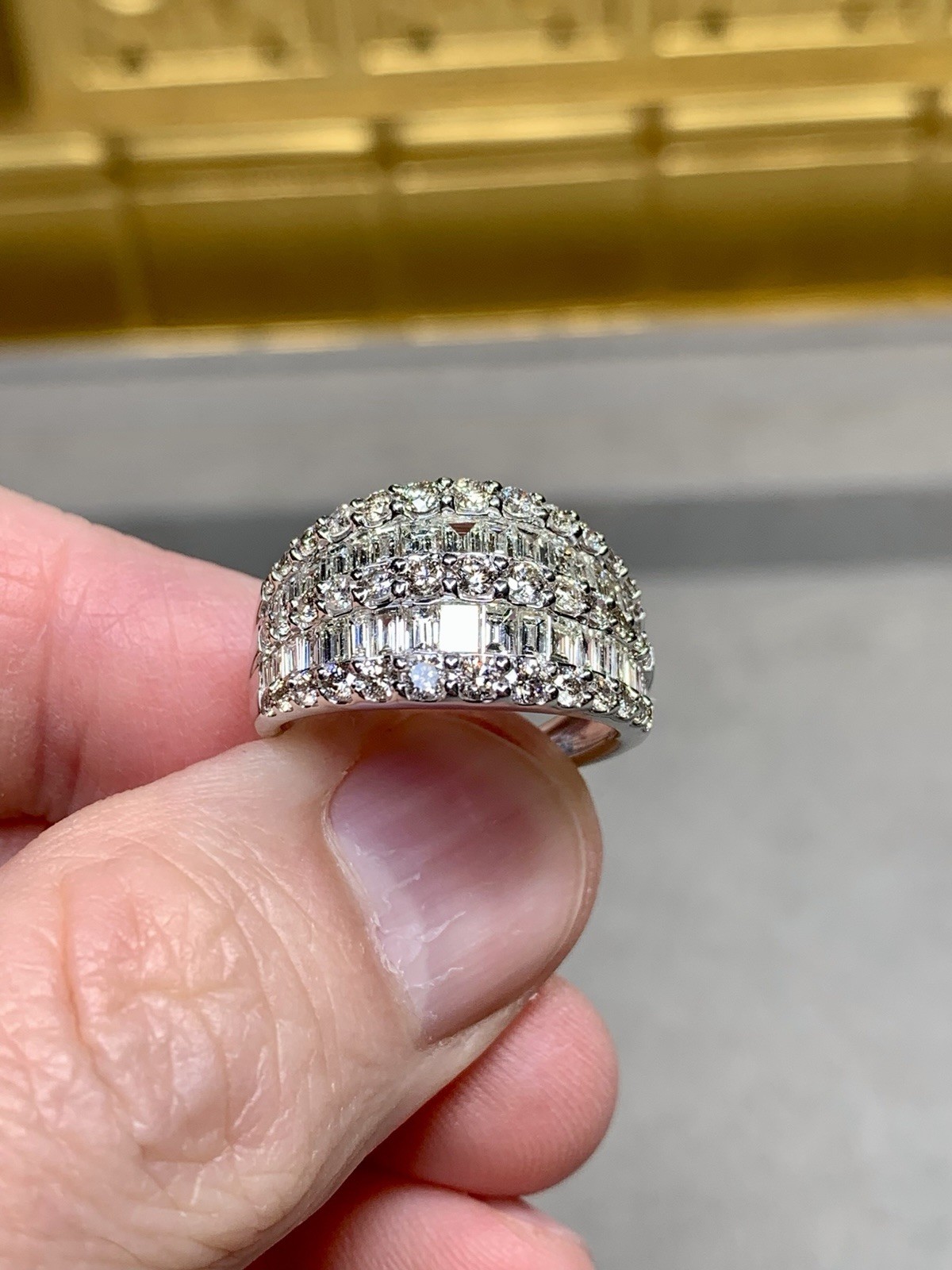 Estate 18K White Gold Baguette & Round Diamond Multi Row Wide Band Cocktail Ring