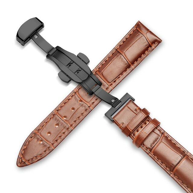 12-24MM Watch Band Strap Genuine Leather Deployment Clasp Buckle Black