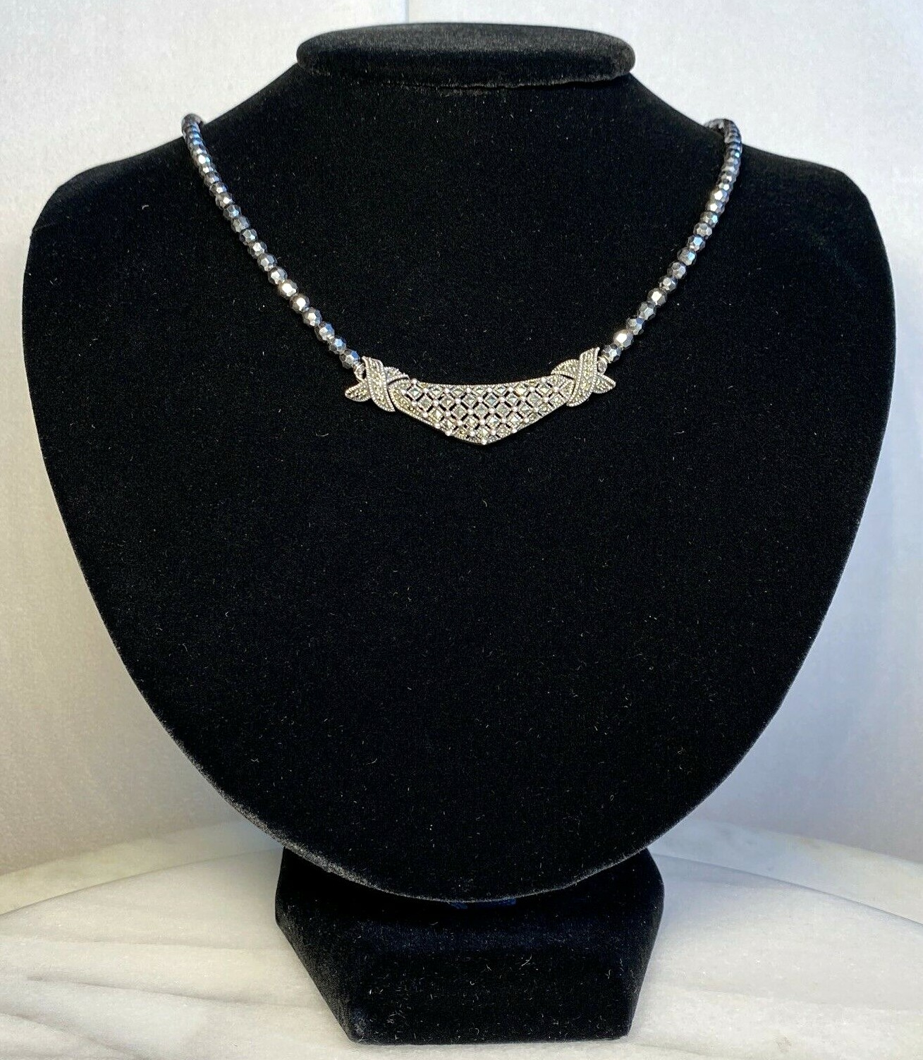 Vintage Necklace Sterling Silver Marcasite X Kiss Estate Fine Jewelry Pre-Owned