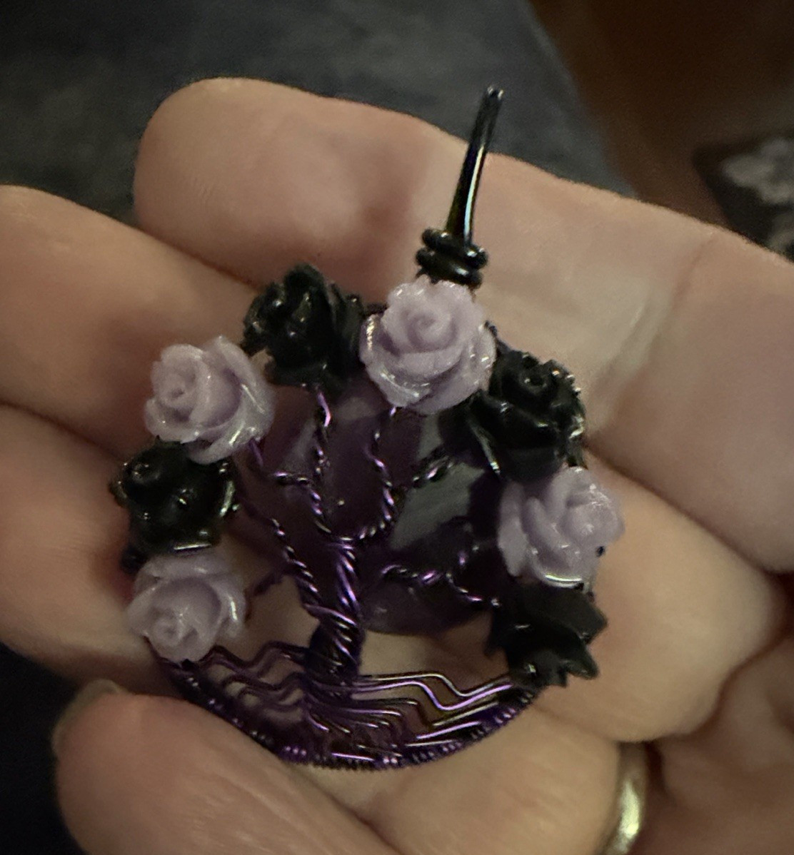 Handmade Purple & Black Wire Wrapped Floral Rose Round Pendant Charm