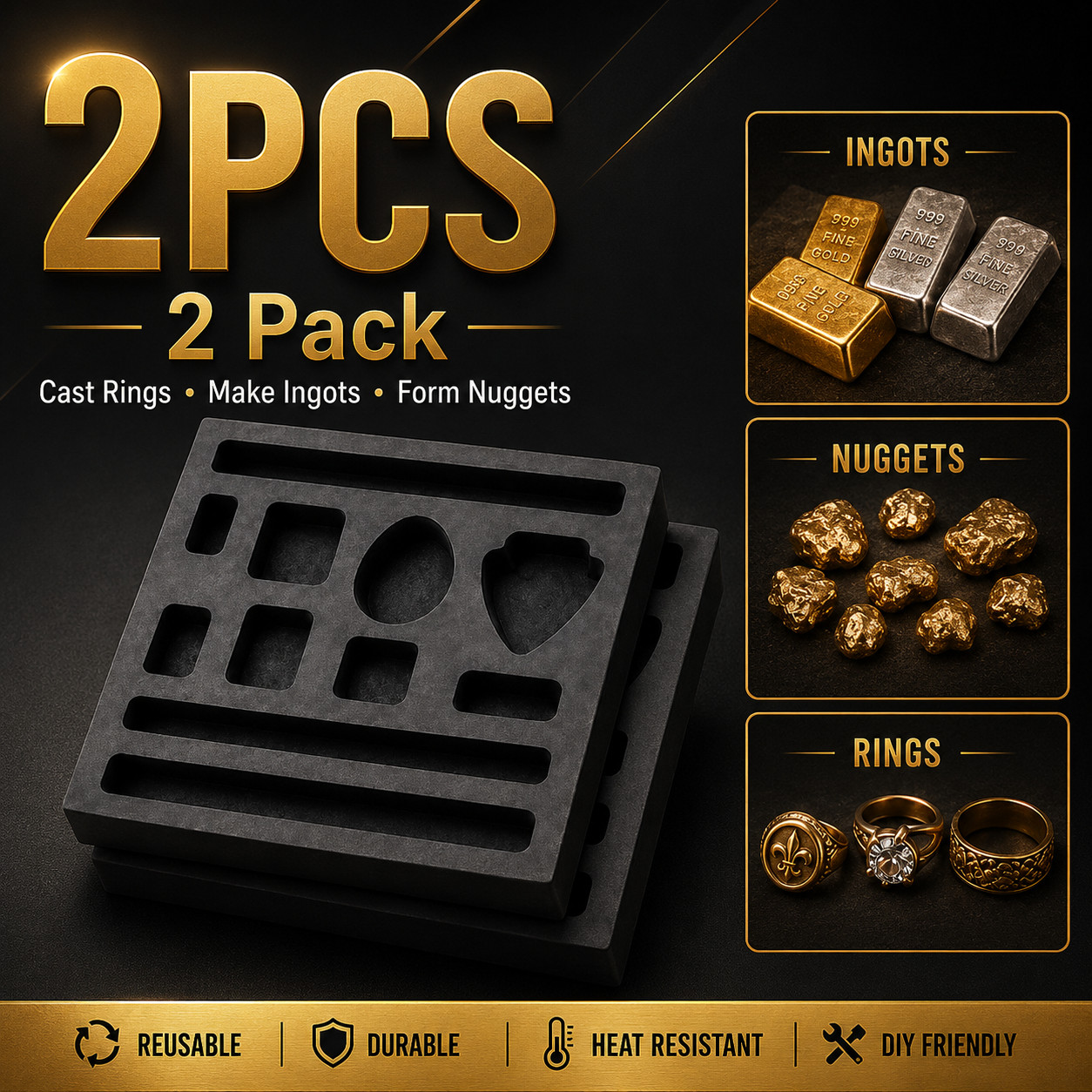 2PCS Graphite Ingot Casting Mold 11 Cavity 4x4in Gold Silver Copper Melting Tool