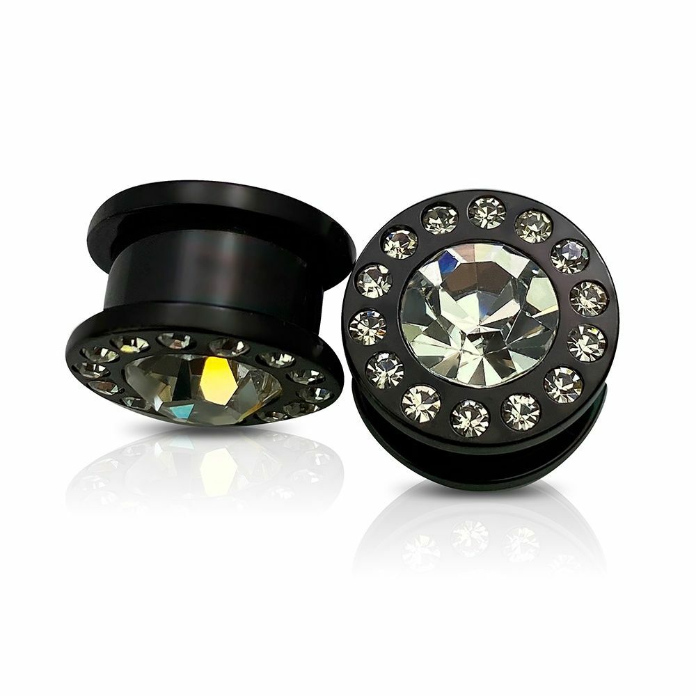 CZ Centered Black Surgical Steel Screw Fit Plugs- Sold as a Pair