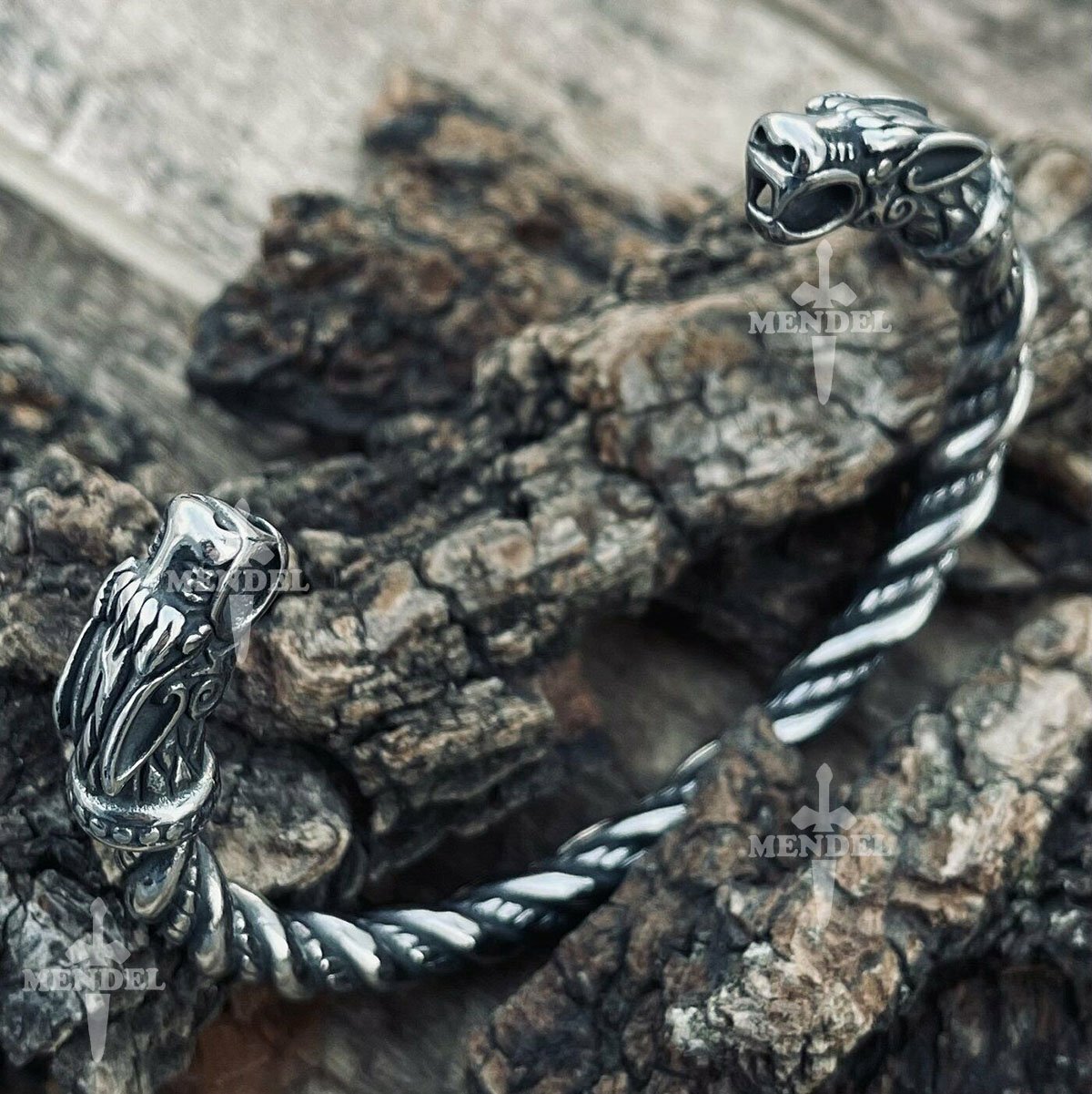 MENDEL 7 Inch Mens Stainless Steel Norse Viking Wolf Head Cuff Bracelet For Men