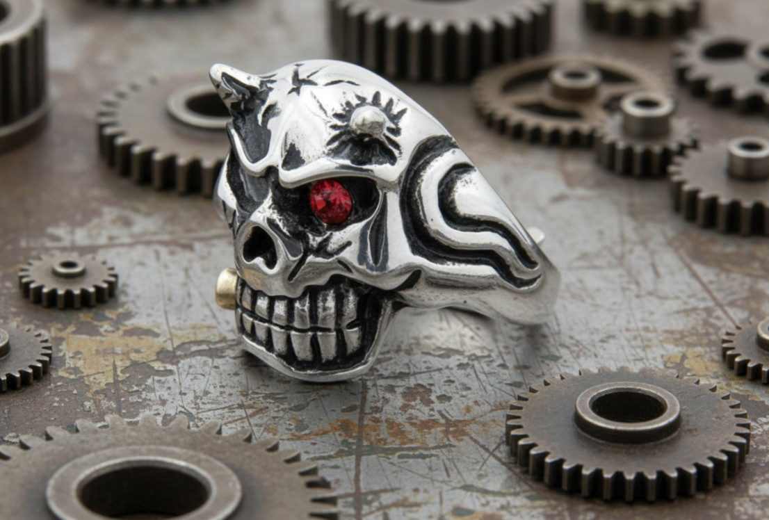 Skull Stainless Steel with Red Eye and Horns Biker Ring 107