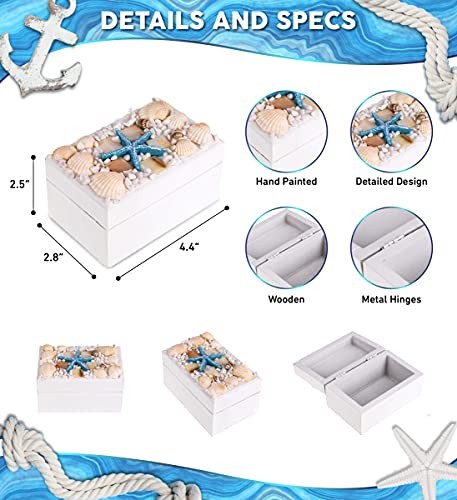 Oceanic White Wooden Jewelry Box – Handcrafted Nautical Trinket with Seashell
