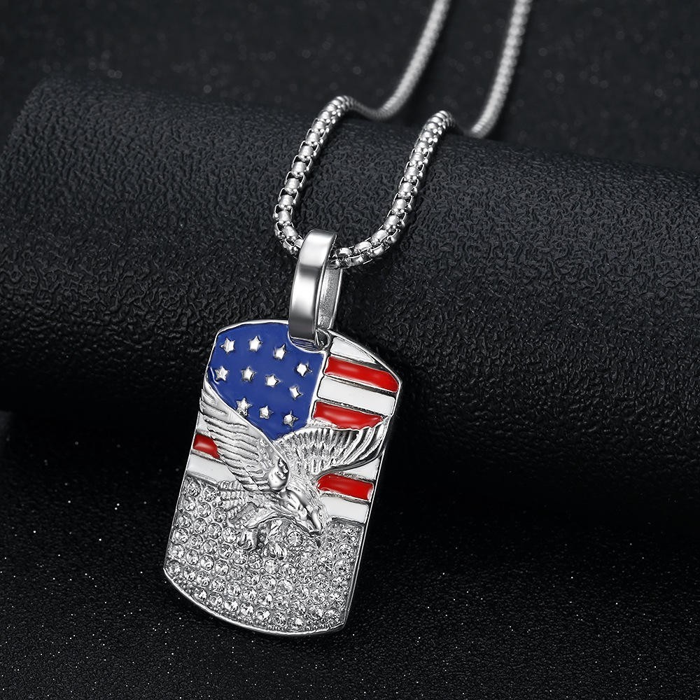 Silver American Flag Eagle Dog Tag Pendant Stainless Steel Patriotic Necklace