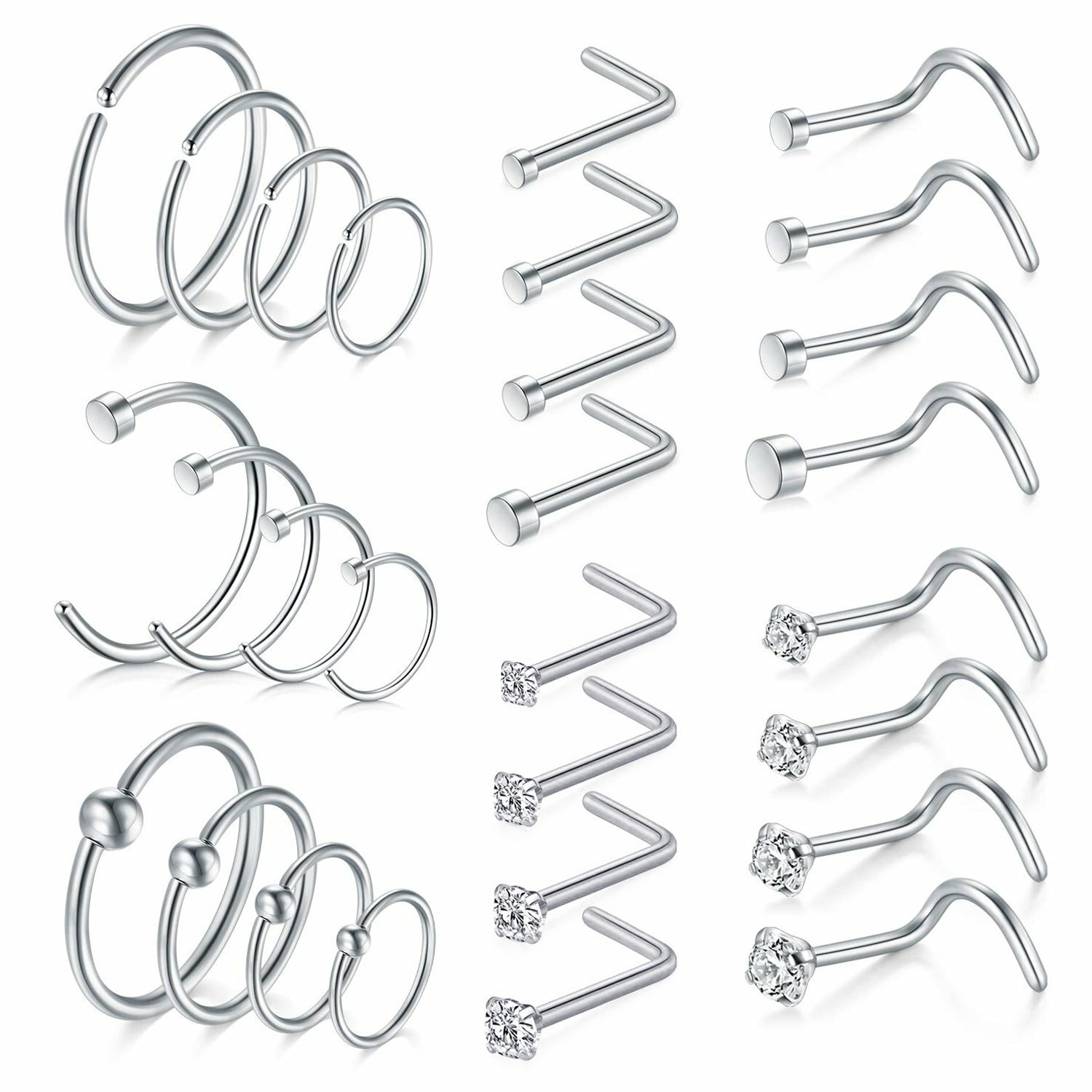 28Pcs 18G Surgical Steel CZ Nose Hoop Ring L Shape Bone Septum Piercing Jewelry