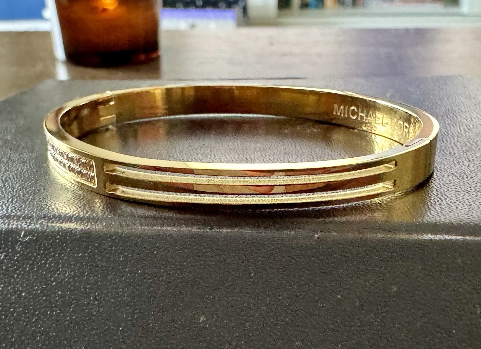 Michael Kors Gold Tone Pavé White Crystal Hinged Bangle Cuff Bracelet AJ750