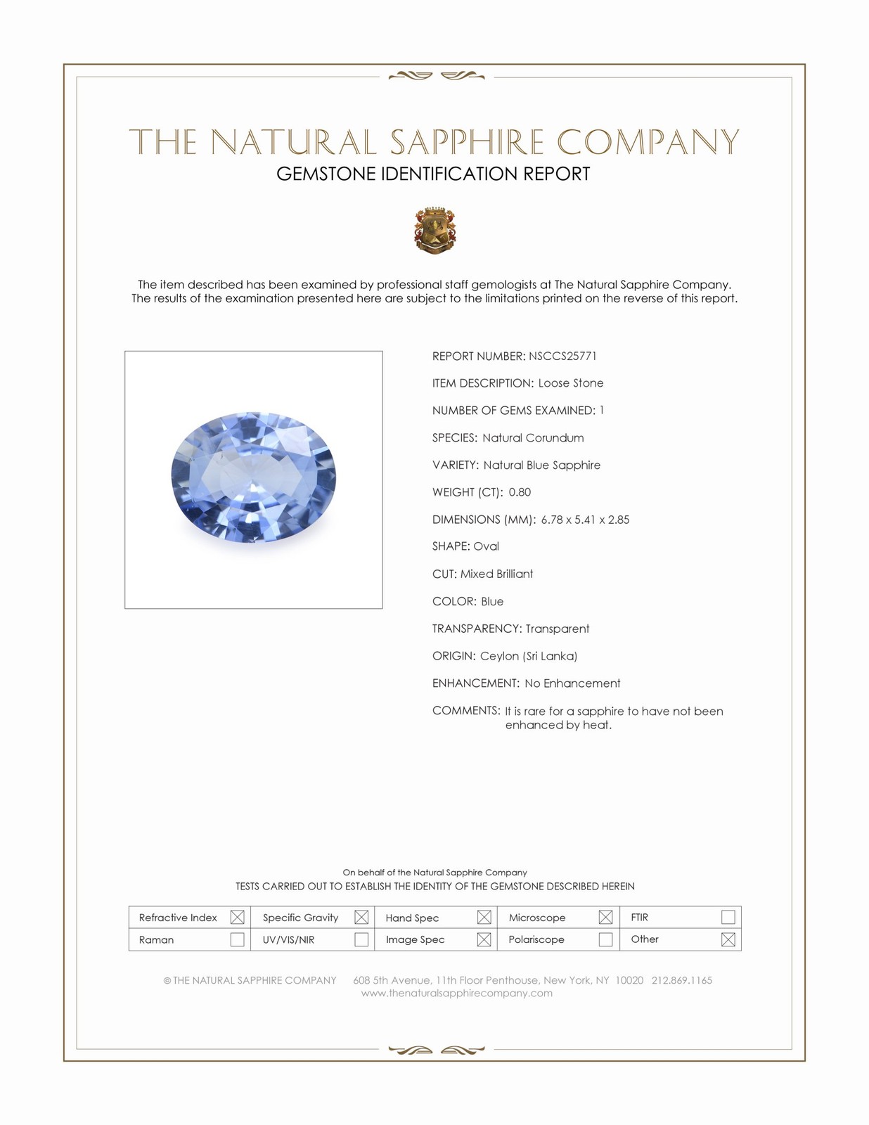 Ceylon (Sri Lanka) Oval Blue Sapphire 0.80CT