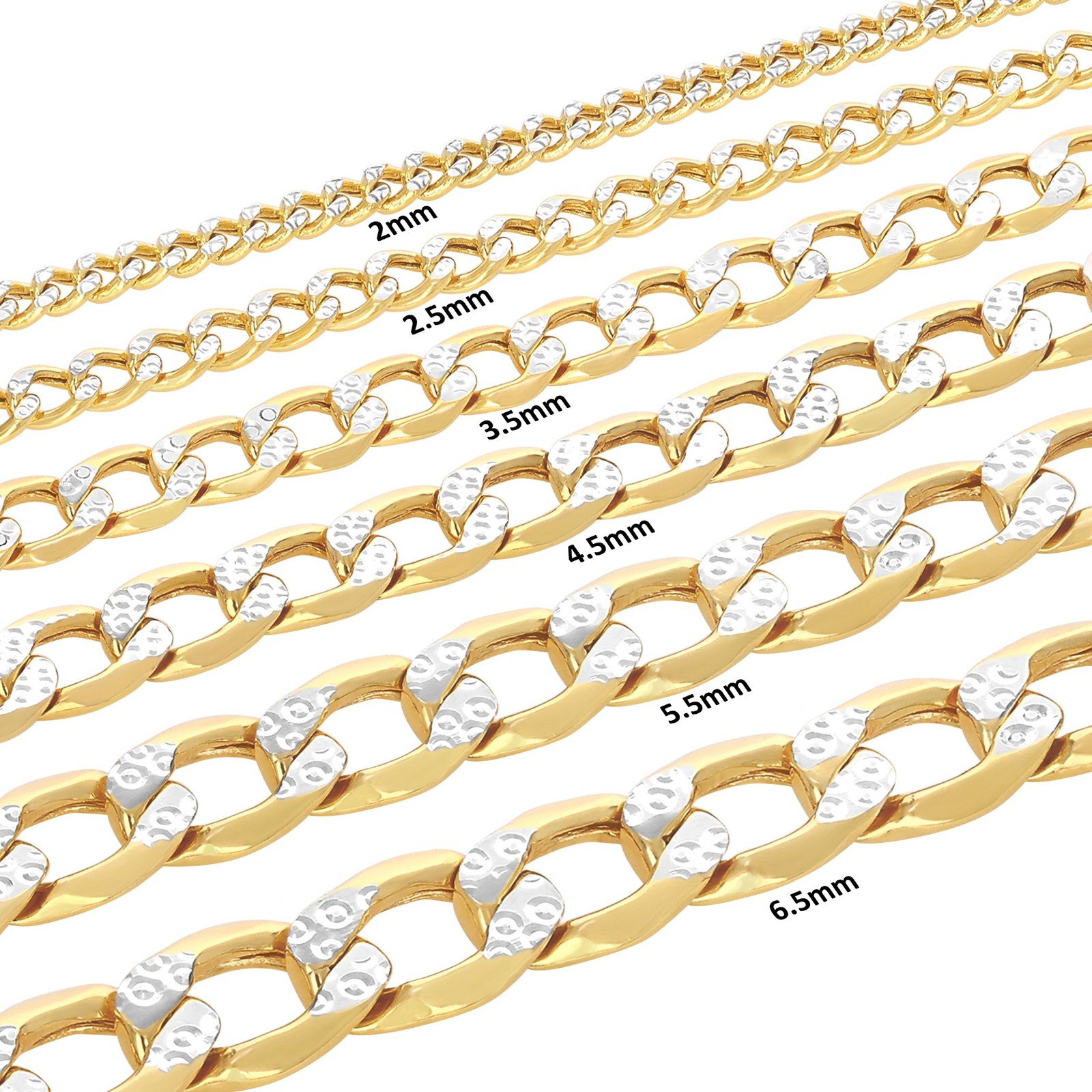 10K Yellow Gold 2mm-7.5mm Diamond Cut White Pave Cuban Chain Necklace 16″- 30″