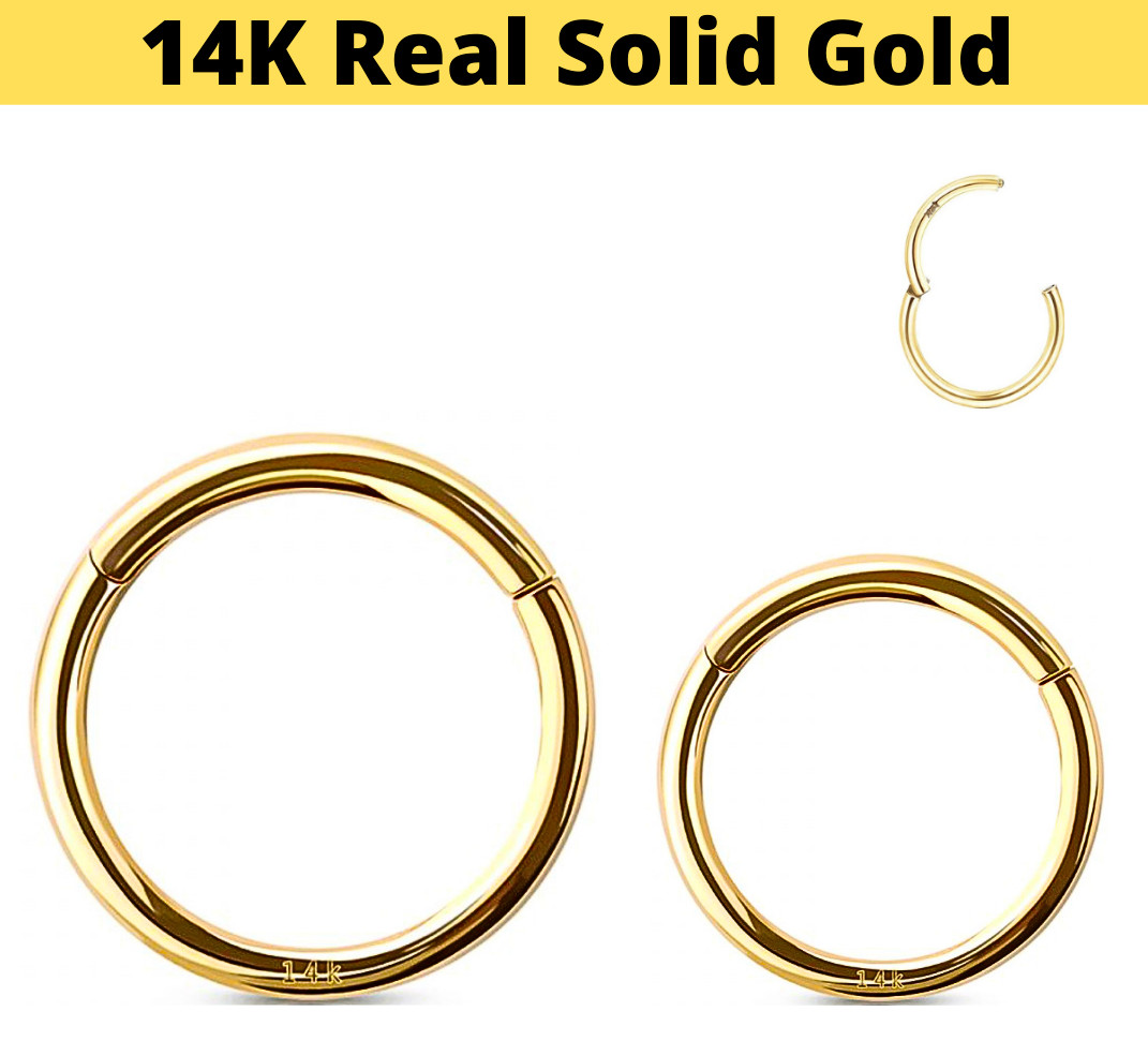 18G 14K Stamped Real Solid Yellow Gold Hinged Clicker Septum Nose Hoop Earrings