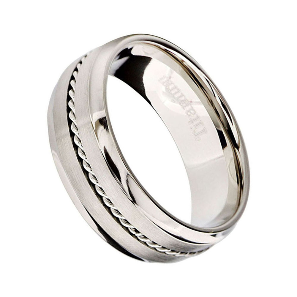 Men’s Titanium Ring Wedding Band Combined Polish Steel Cable Inlay Comfort Fit