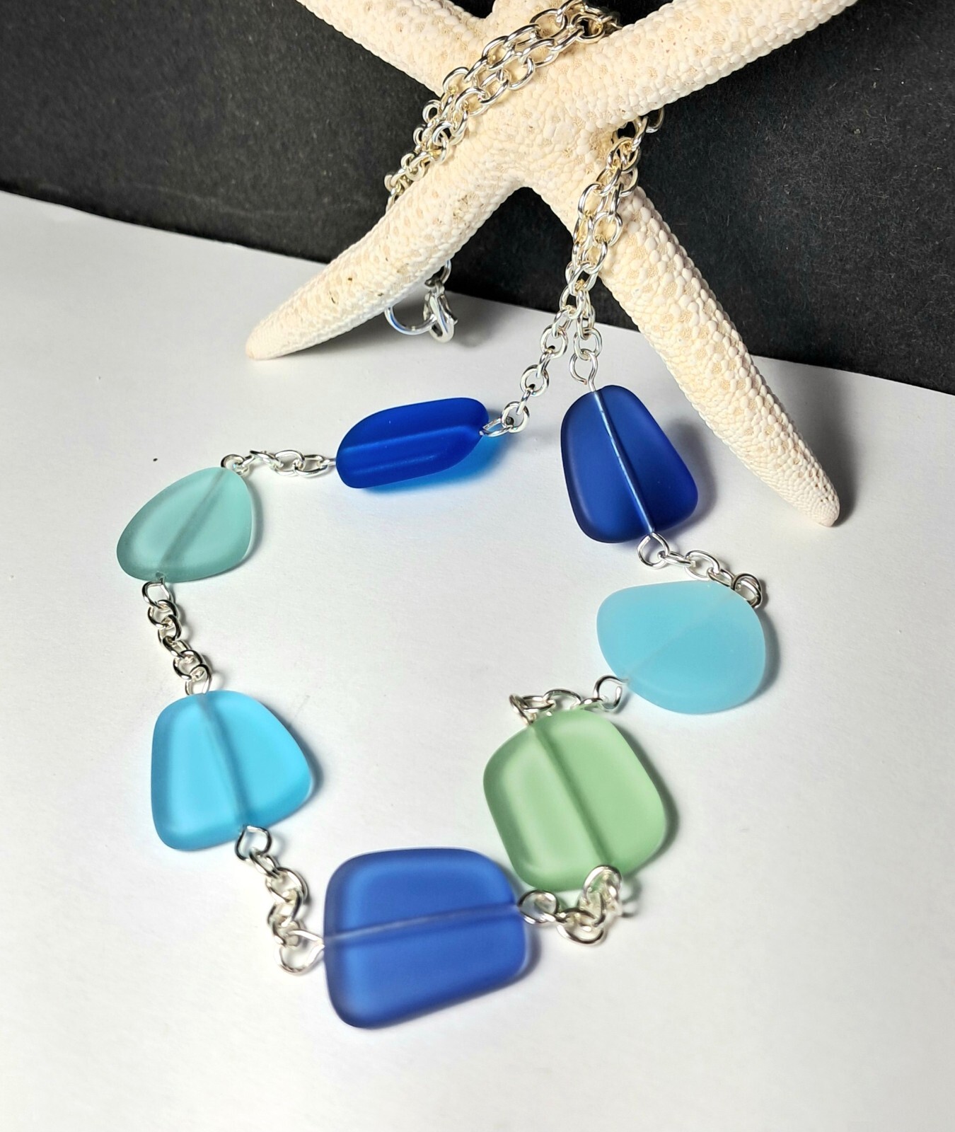 OCEAN BLUES and GREENS cultured sea glass jewelry 22″ necklace.