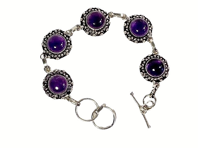 Amethyst Gemstone Bracelet Silver Chain Link Handmade 16.4 grams 7 inch