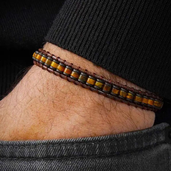 Tiger Eye Leather Crystal Healing Women Men Protection Vintage Bracelet Gifts