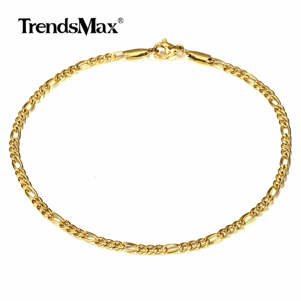 3mm Gold Plated Stainless Steel Figaro Curb Chain Anklet Bracelet Women 10″