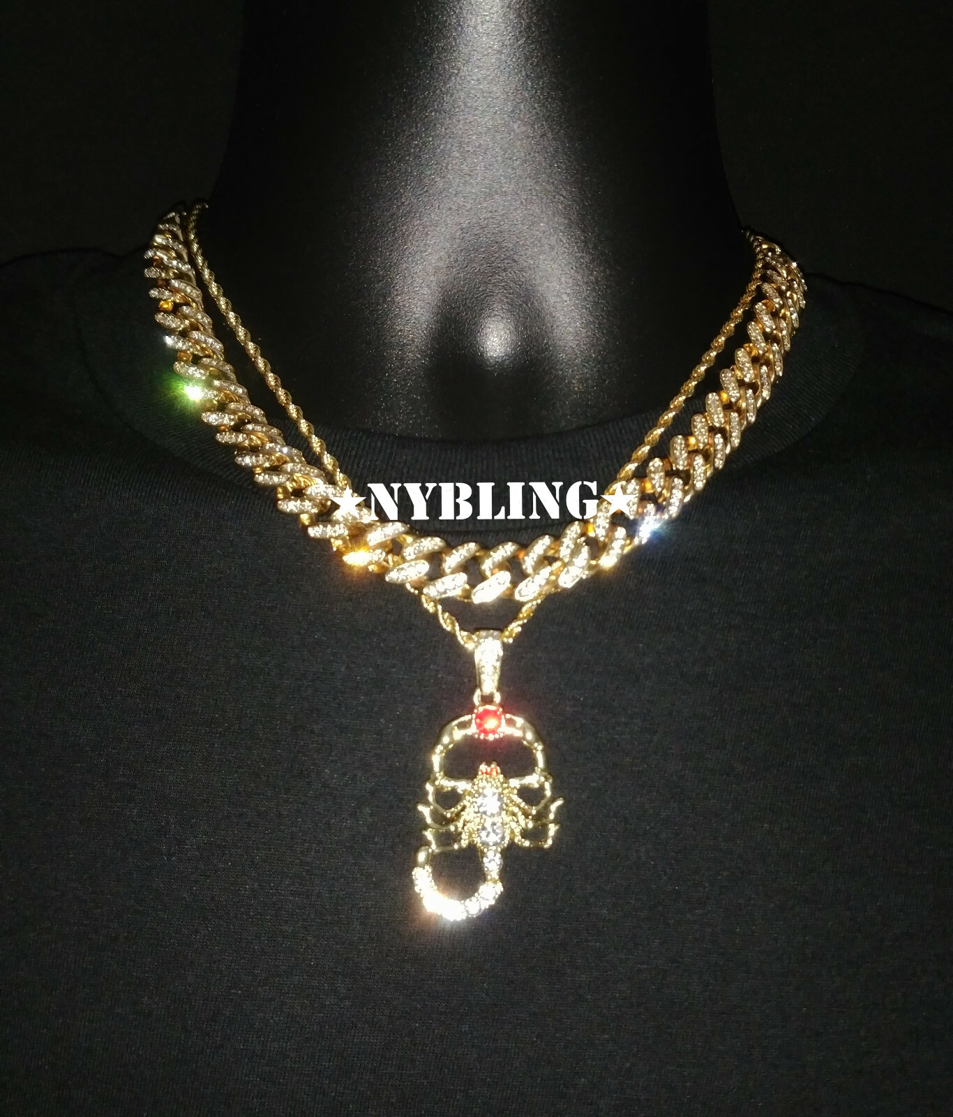 3PC Set Miami Cuban Chain Necklace & Rope Chain & Red Scorpion Pendant Plated