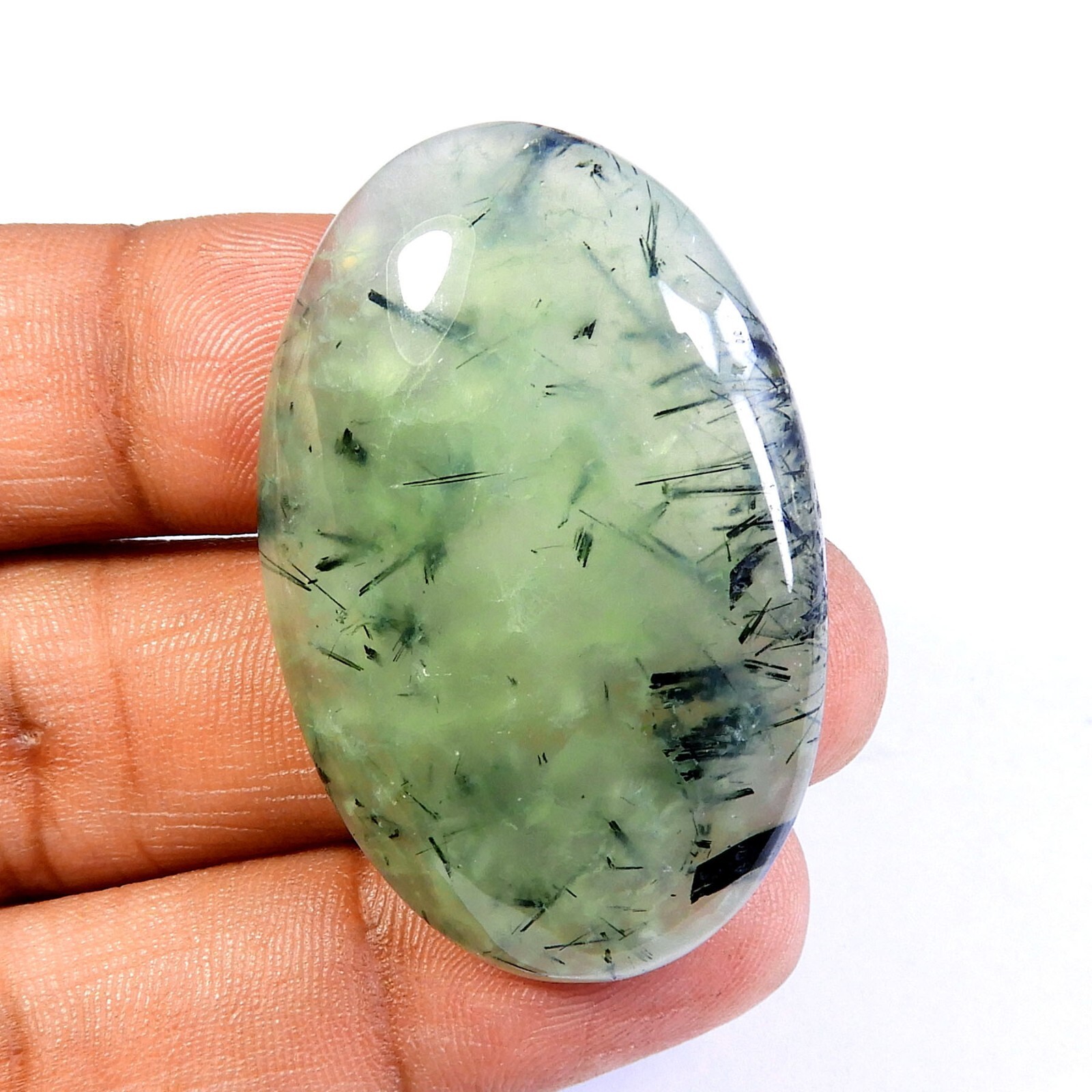 87 Cts Natural Green Prehnite Rutilated Cabochon Oval Shape Gemstone Loose #9801