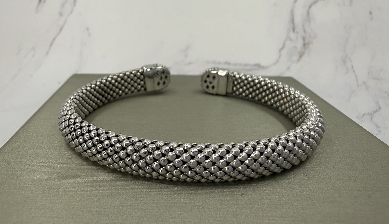 Diamonique Sterling Silver Popcorn Mesh Cuff Bracelet 925 Pave End Caps 6.25″