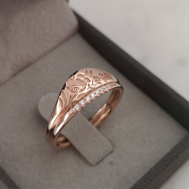 Carved Rose Flower Gold wedding ring set for Women Elegant Anniversary Sliver