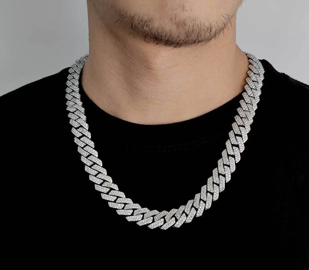 White Gold Plated Full Iced CZ Out Stainless Steel Mens Cuban Link Chain 15MM