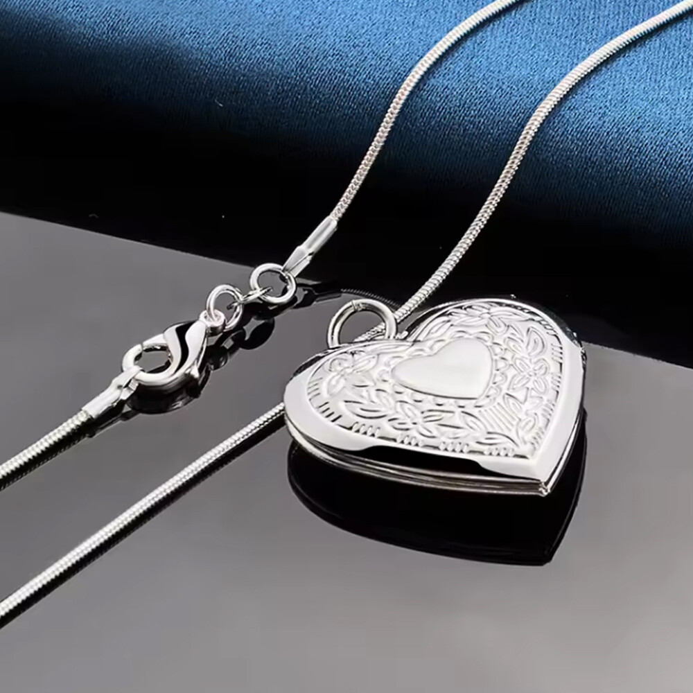 925 Sterling Silver Plated Heart Necklace, Locket Photo Picture Pendant 18″ N1