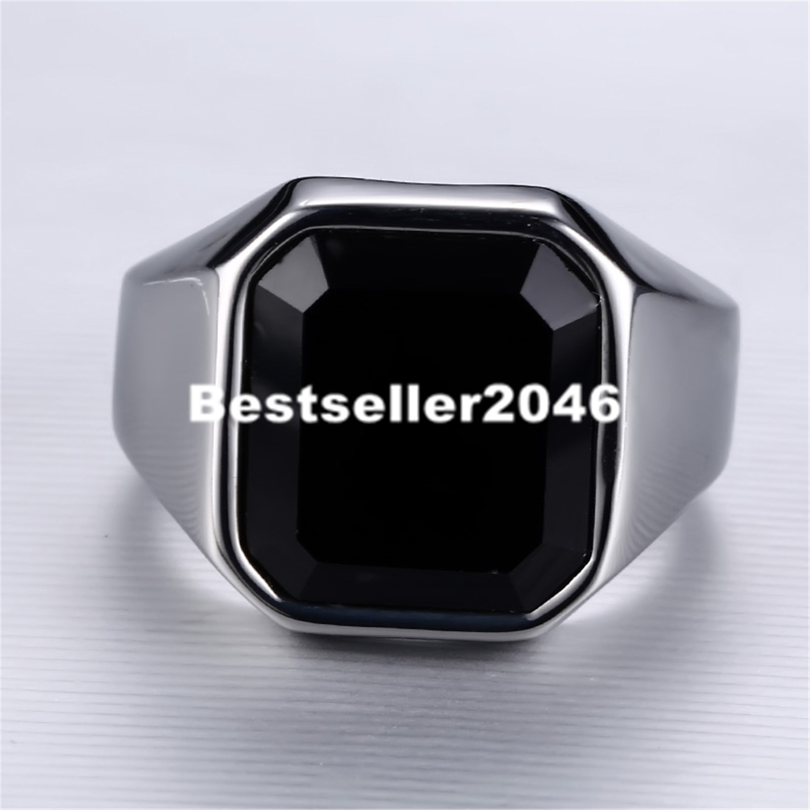 Men’s Stainless Steel Black Glass Signet Promise Ring Wedding Band Size 7-13