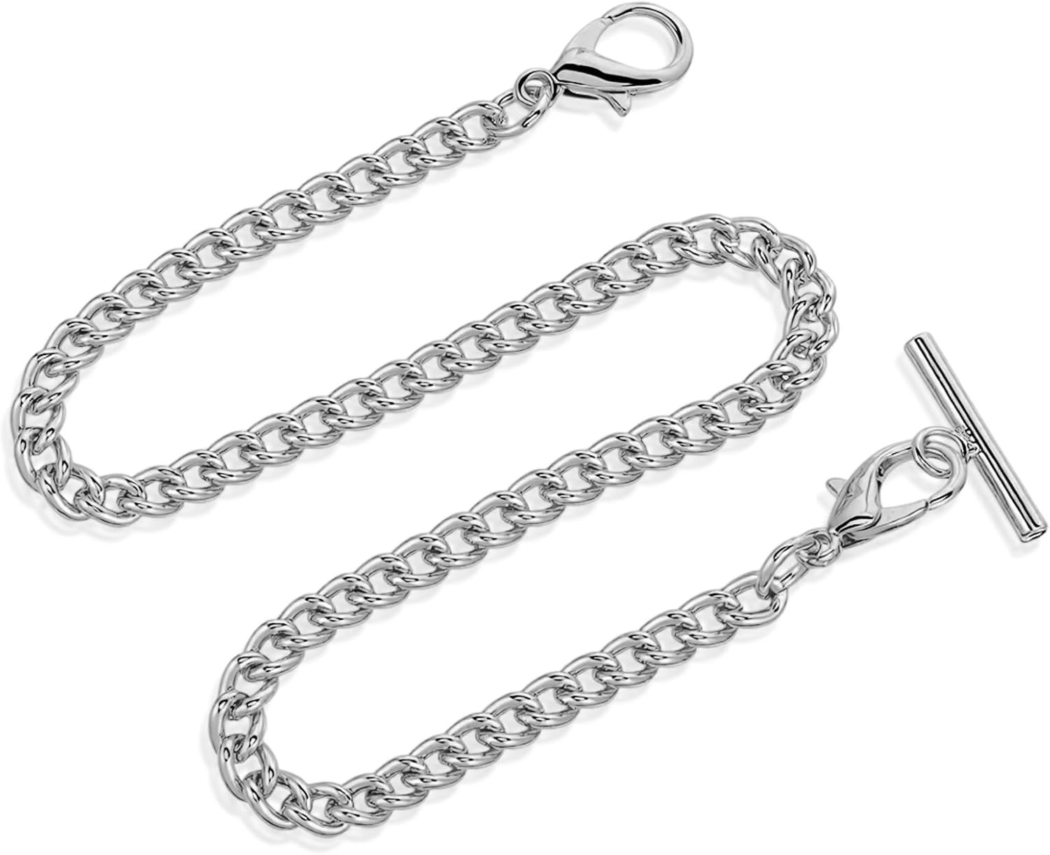 Silver Pocket Watch Chain with T-Bar, 14 Inch Pocket Watch Chains for Men, Silve