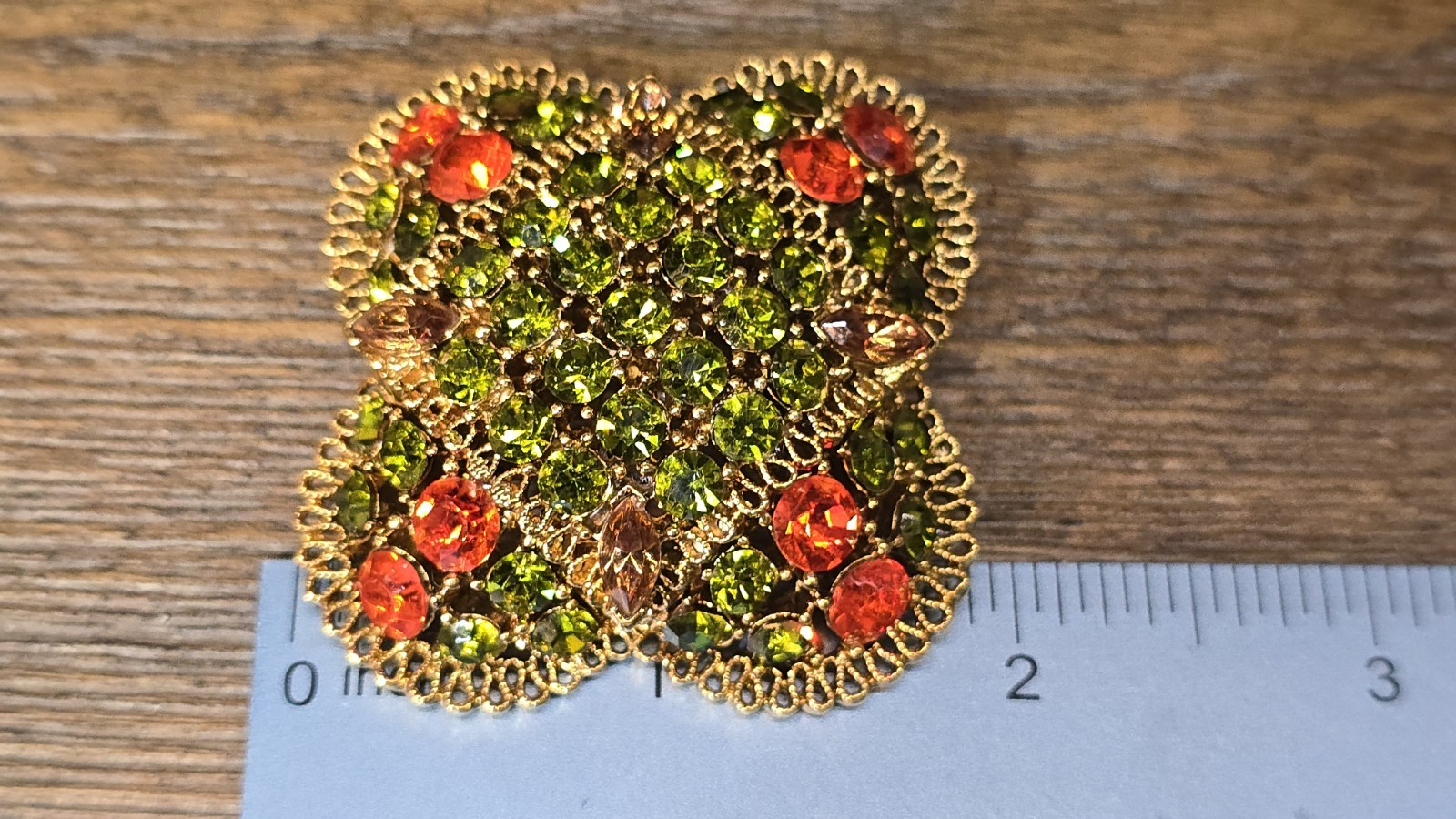 Vintage Domed Large Brooch Olivine Green Orange & Topaz Rhinestones Gold Tone