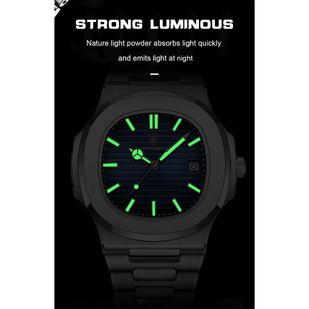 POEDAGAR Square Men Waterproof Luminous Date Stainless Steel Quartz Watch