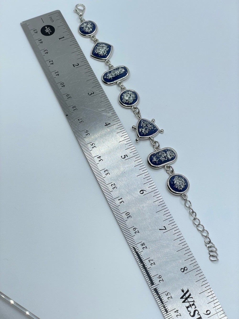 Silver Tone Blue Acrylic Link Bracelet Foil Statement Modern