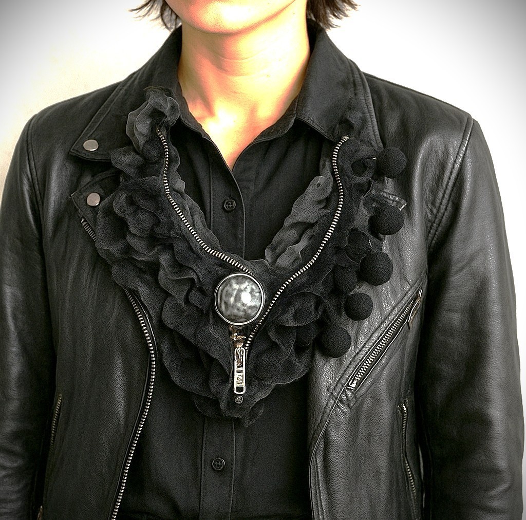 Nita Angeletti OOAK Art To Wear PRISM ZIPPER Statement Necklace Black & Gray