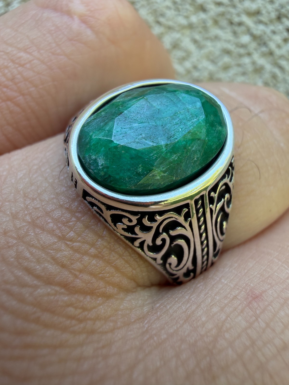 Real Columbian Green Emerald Stone Mens Solid 925 Silver Ring – Oxidized Vintage