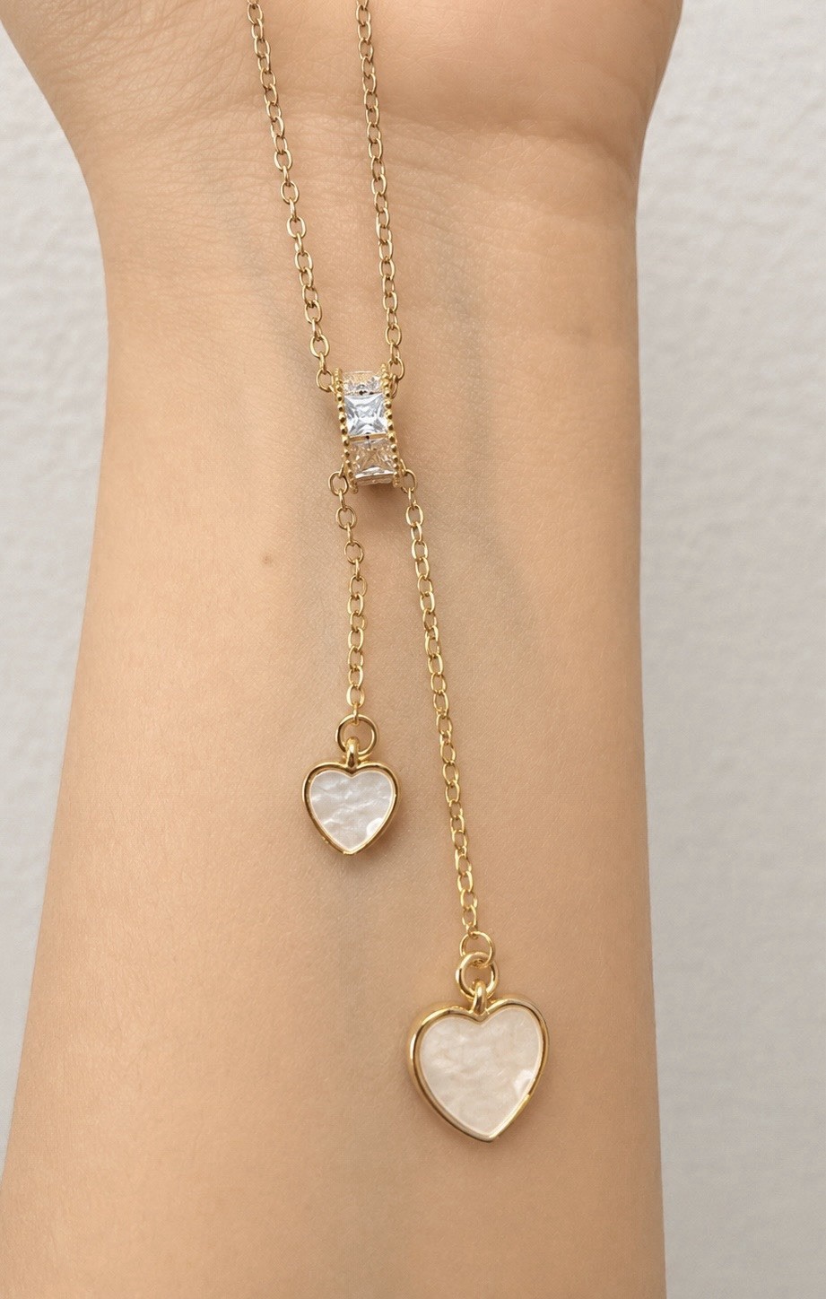 Heart Necklace Gold Plated Adjustable Lariat Y Mother of Pearl CZ Charm