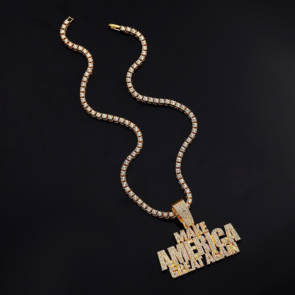 Hip Hop Iced Make America Pendant Necklace Punk CZ Crystal Chain Rap Jewelry NEW
