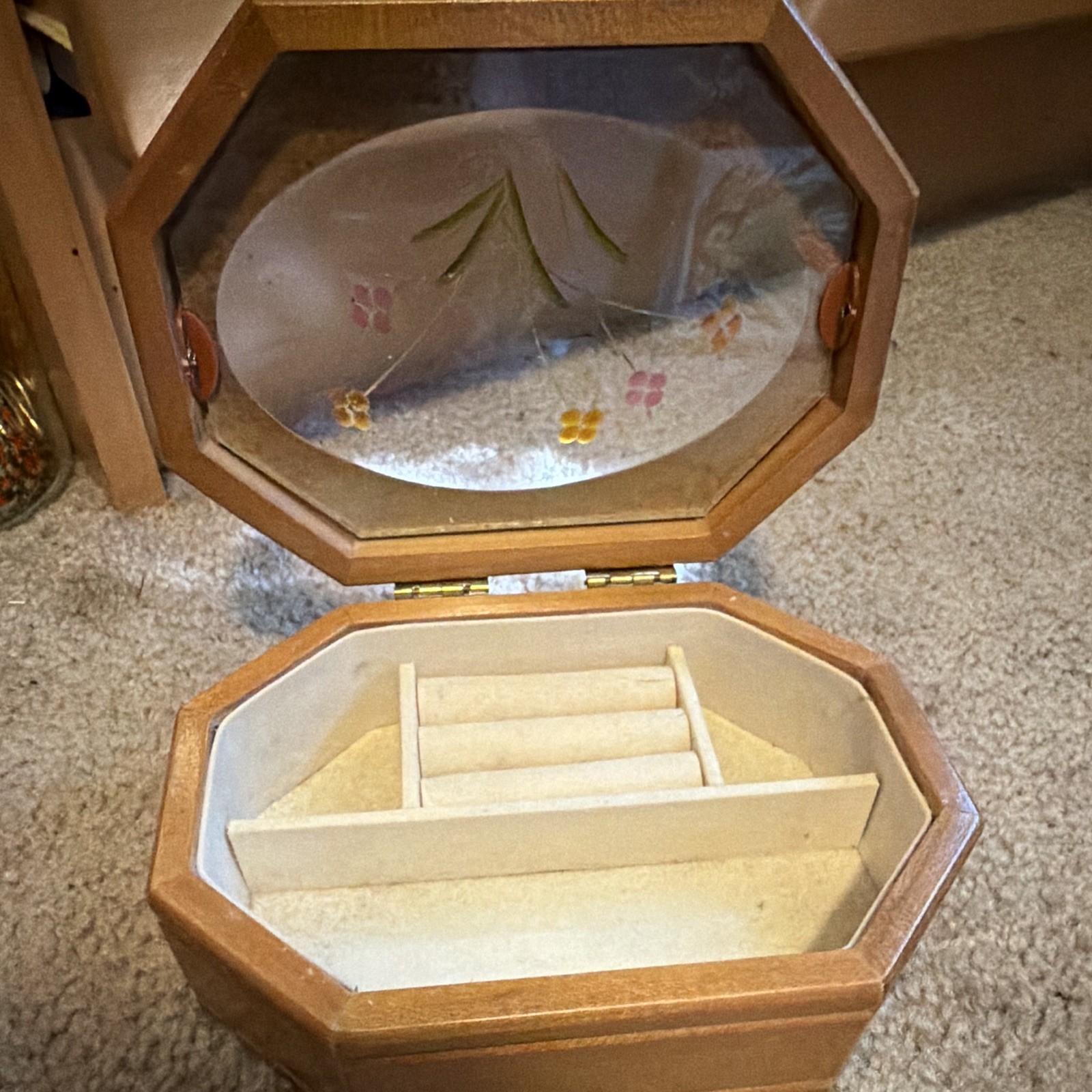 Octagon Wood Jewelry Box w/ Glass Hinged Lid, Velvet Lined Ring Rolls